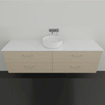 Marquis Marq wall hung vanity with white top, light woodgrain drawers and round above-counter basin, front view