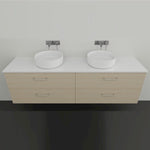 Marquis Marq wall hung double vanity with white top, light woodgrain drawers and twin round basins
