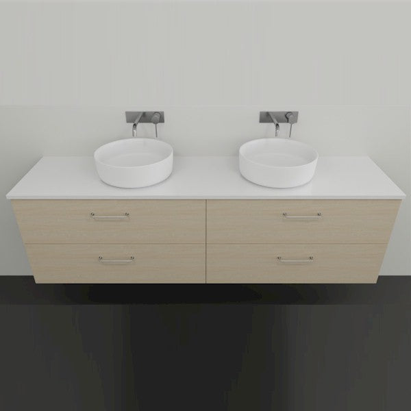 Marquis Marq wall hung double vanity with white top, light woodgrain drawers and twin round basins
