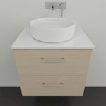 Marquis Marq wall hung vanity with white top, oval basin and light woodgrain drawer fronts, front view