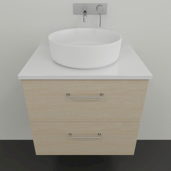 Marquis Marq wall hung vanity with white top, oval basin and light woodgrain drawer fronts, front view