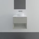 Marquis Oxford wall hung ensuite vanity in pale grey, with white top, basin and open shelf, front view