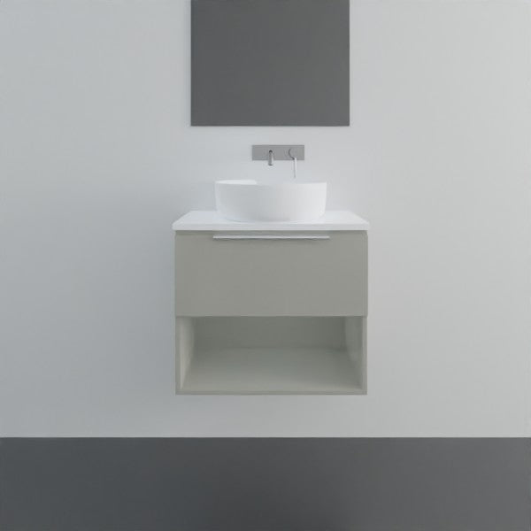 Marquis Oxford wall hung ensuite vanity in pale grey, with white top, basin and open shelf, front view