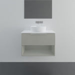 Marquis Oxford wall hung ensuite vanity, pale grey finish with white top, open shelf and wall basin in a minimal bathroom setting