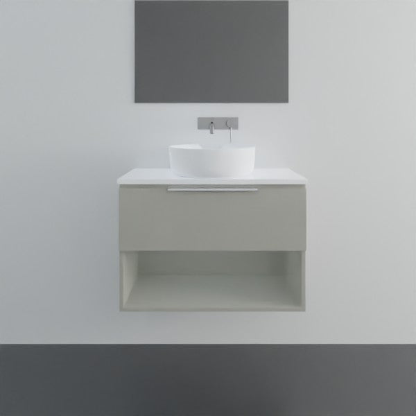 Marquis Oxford wall hung ensuite vanity, pale grey finish with white top, open shelf and wall basin in a minimal bathroom setting