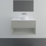 Marquis Oxford wall hung ensuite vanity in pale grey with white top, open shelf and vessel basin, front view