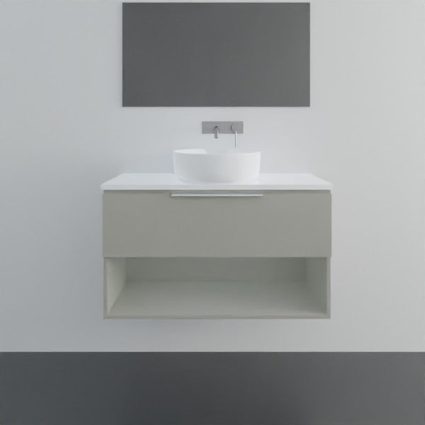 Marquis Oxford wall hung ensuite vanity in pale grey with white top, open shelf and vessel basin, front view