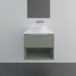 Marquis Oxford wall hung vanity in sage green with white benchtop, open shelf and round above-counter basin