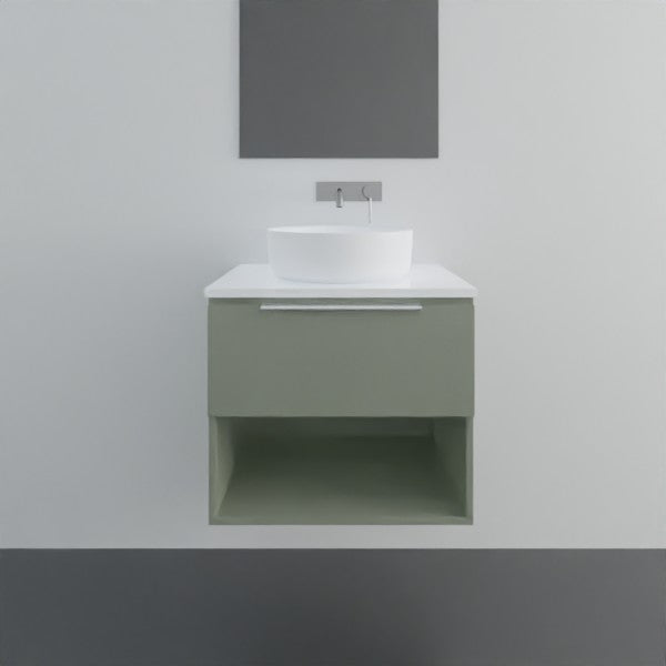Marquis Oxford wall hung vanity in sage green with white benchtop, open shelf and round above-counter basin