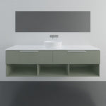Marquis Oxford wall hung vanity in green with white benchtop, above-counter basin and open shelving, front view