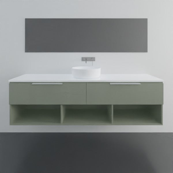 Marquis Oxford wall hung vanity in green with white benchtop, above-counter basin and open shelving, front view
