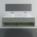 Marquis Oxford wall hung vanity in green finish with white top, twin basins and open shelving beneath.