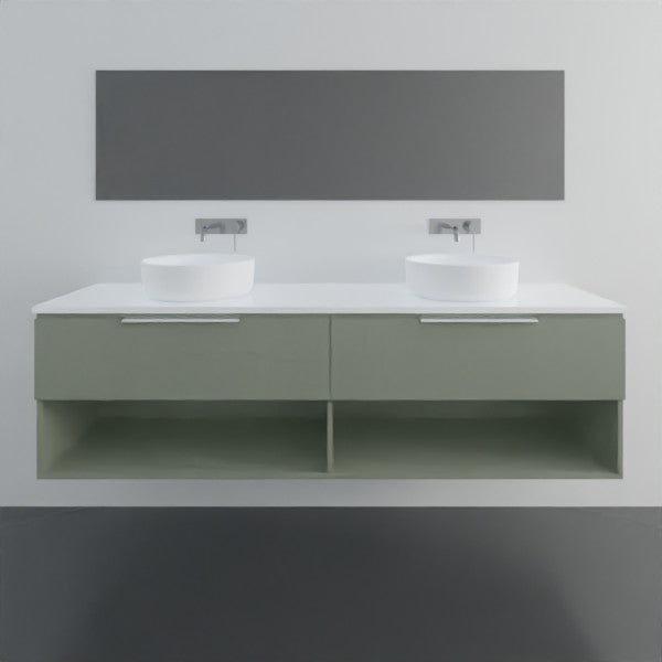 Marquis Oxford wall hung vanity in green finish with white top, twin basins and open shelving beneath.