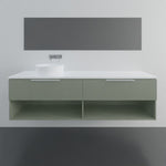 Marquis Oxford wall hung vanity in green with white top, open shelving and basin, shown front-on in a bathroom setting