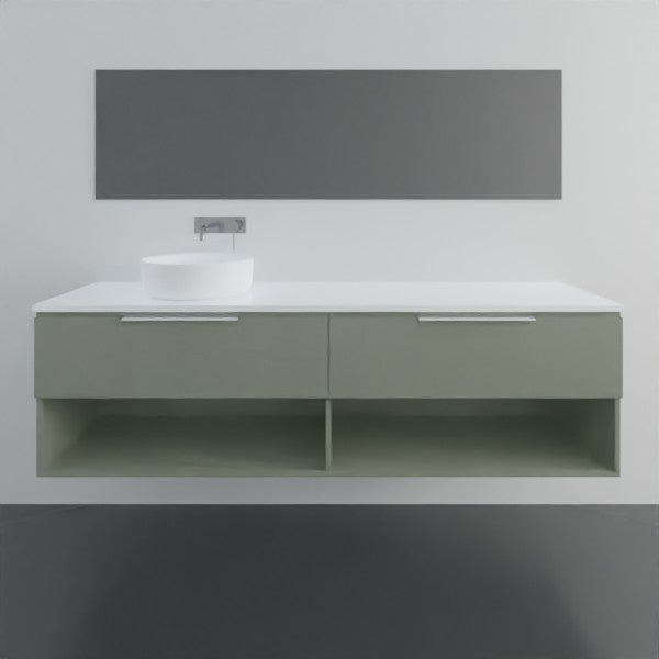 Marquis Oxford wall hung vanity in green with white top, open shelving and basin, shown front-on in a bathroom setting