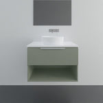 Marquis Oxford wall hung vanity in sage green with white basin and open shelf, front view against a grey bathroom wall