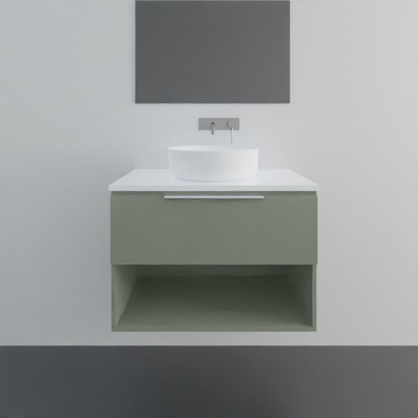 Marquis Oxford wall hung vanity in sage green with white basin and open shelf, front view against a grey bathroom wall