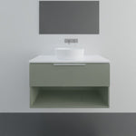 Marquis Oxford wall hung vanity in green with white benchtop, above-counter basin and open shelf, front view