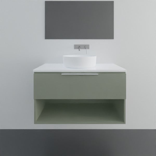 Marquis Oxford wall hung vanity in green with white benchtop, above-counter basin and open shelf, front view
