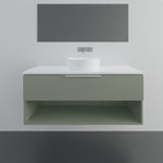 Marquis Oxford wall hung vanity in sage green with white benchtop, above counter basin and open shelving in front view