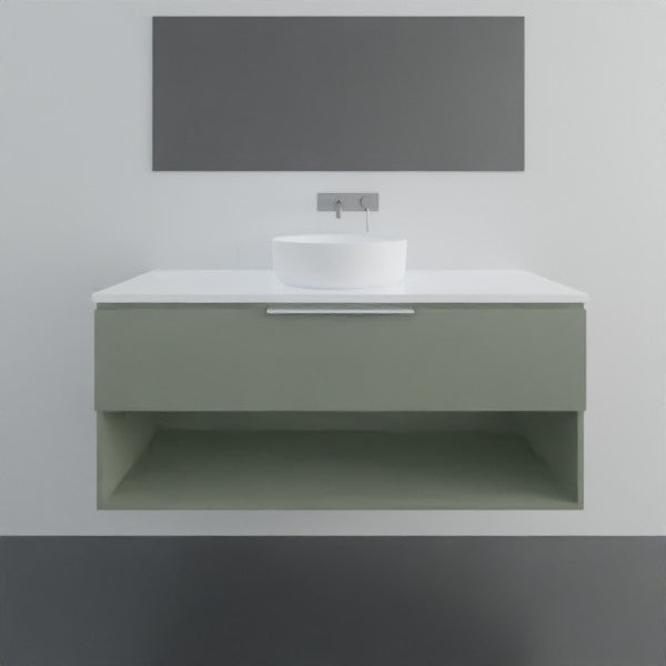 Marquis Oxford wall hung vanity in sage green with white benchtop, above counter basin and open shelving in front view