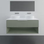 Marquis Oxford wall hung vanity in green with white benchtop, double basin and open shelf, front view