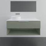 Marquis Oxford wall hung vanity in green with white benchtop, open shelf and above counter basin, front view