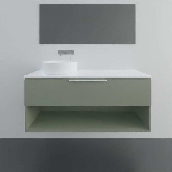 Marquis Oxford wall hung vanity in green with white benchtop, open shelf and above counter basin, front view