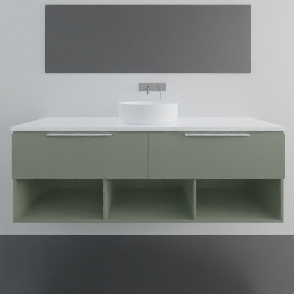 Marquis Oxford wall hung vanity in muted green with white top, above-counter basin and open shelving, front view