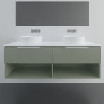 Marquis Oxford wall hung vanity in sage green with double basins, white top and open shelving, shown front on