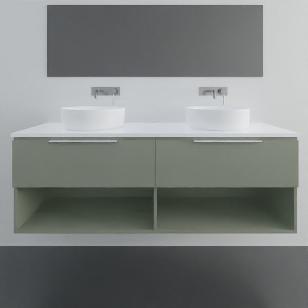 Marquis Oxford wall hung vanity in sage green with double basins, white top and open shelving, shown front on