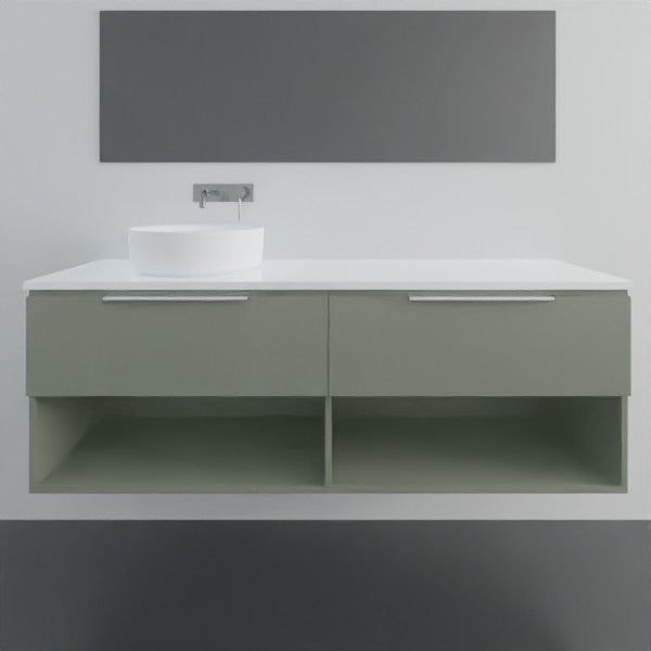 Marquis Oxford wall hung vanity in sage green with white top, open shelving and above-counter basin, front view