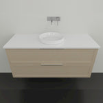 Marquis Pier wall hung vanity in natural oak finish with white benchtop and above-counter basin, front view