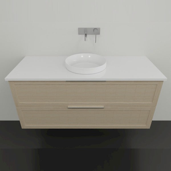 Marquis Pier wall hung vanity in natural oak finish with white benchtop and above-counter basin, front view