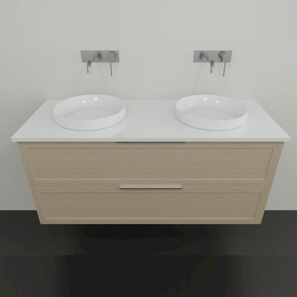 Marquis Pier wall hung vanity in natural oak with white top and twin round above-counter basins, front view