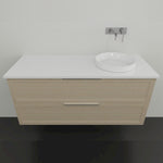 Marquis Pier wall-hung vanity in natural oak with white top and round above-counter basin, front view