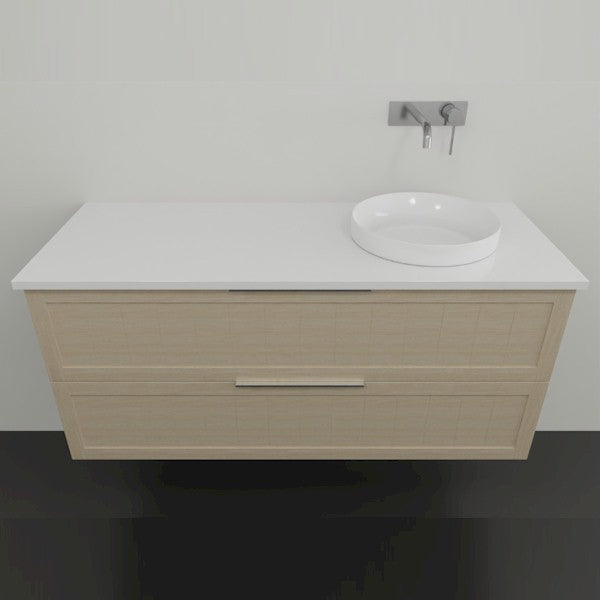 Marquis Pier wall-hung vanity in natural oak with white top and round above-counter basin, front view
