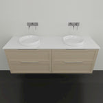 Marquis Pier wall hung vanity in natural oak with white top, twin round above-counter basins and chrome tapware