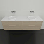 Marquis Pier wall hung vanity in natural oak, with white top and twin above-counter basins, front view