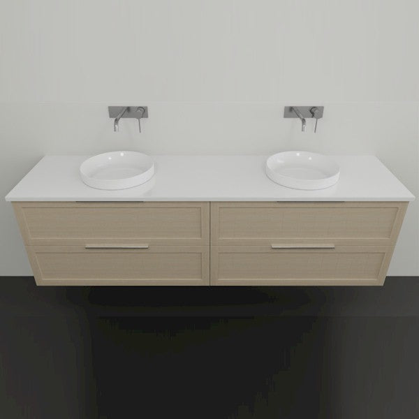 Marquis Pier wall hung vanity in natural oak, with white top and twin above-counter basins, front view