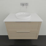 Marquis Pier wall hung vanity, natural oak shaker drawers, white benchtop and round above-counter basin, front view
