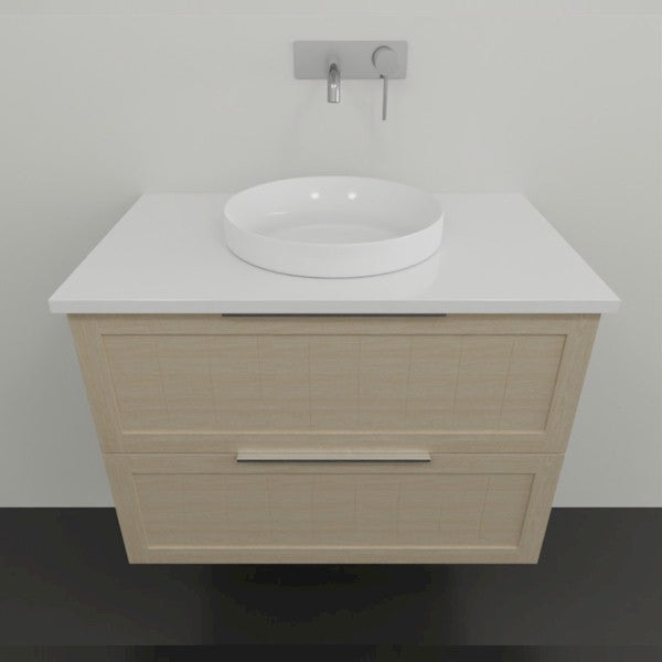Marquis Pier wall hung vanity, natural oak shaker drawers, white benchtop and round above-counter basin, front view
