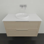 Marquis Pier wall hung vanity with white top, round above-counter basin and light woodgrain drawers