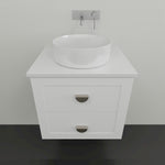 Marquis Provincial white wall hung vanity with two drawers, round above-counter basin and chrome handles on a plain wall