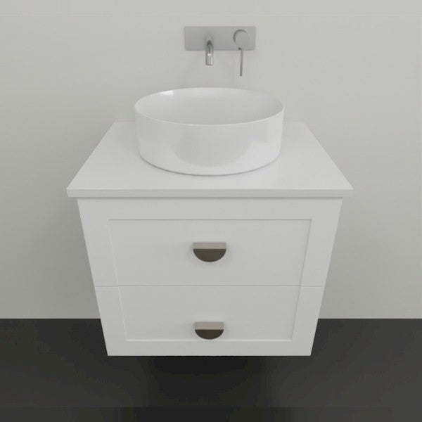 Marquis Provincial white wall hung vanity with two drawers, round above-counter basin and chrome handles on a plain wall