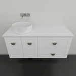 Marquis Provincial white wall hung vanity with shaker doors, polished chrome handles and round basin in a bathroom setting