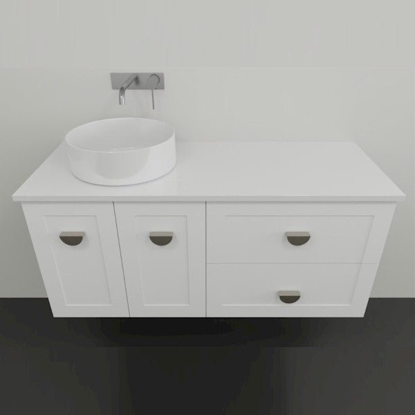 Marquis Provincial white wall hung vanity with shaker doors, polished chrome handles and round basin in a bathroom setting