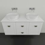 Marquis Provincial white wall hung vanity with shaker doors, twin round basins, chrome handles and wall-mounted taps