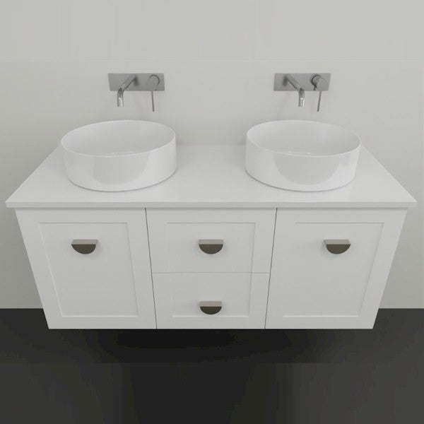 Marquis Provincial white wall hung vanity with shaker doors, twin round basins, chrome handles and wall-mounted taps