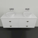 Marquis Provincial wall hung vanity in matte white, shown front-on with double drawers, two round basins and chrome tapware